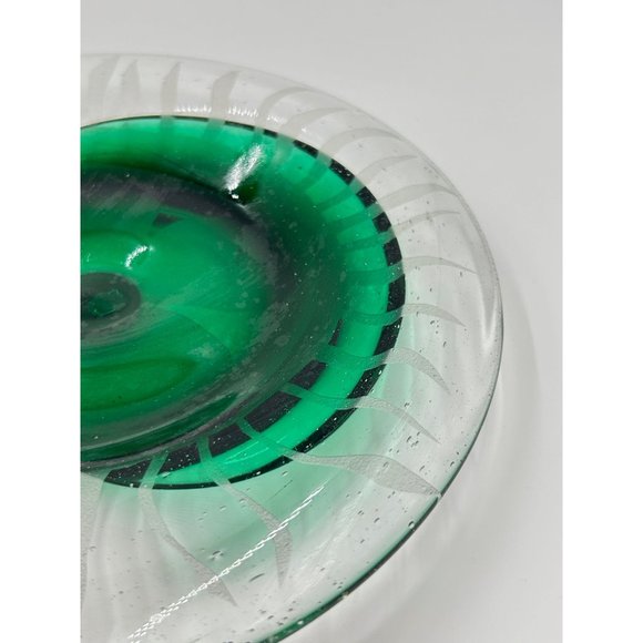 Green Art Glass Decorative Plate Dish Hand Made & Etched Clear Green Swirled - Picture 5 of 10